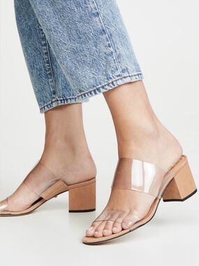 SCHUTZ Victorie Clear Strap Slide Sandals in Tan